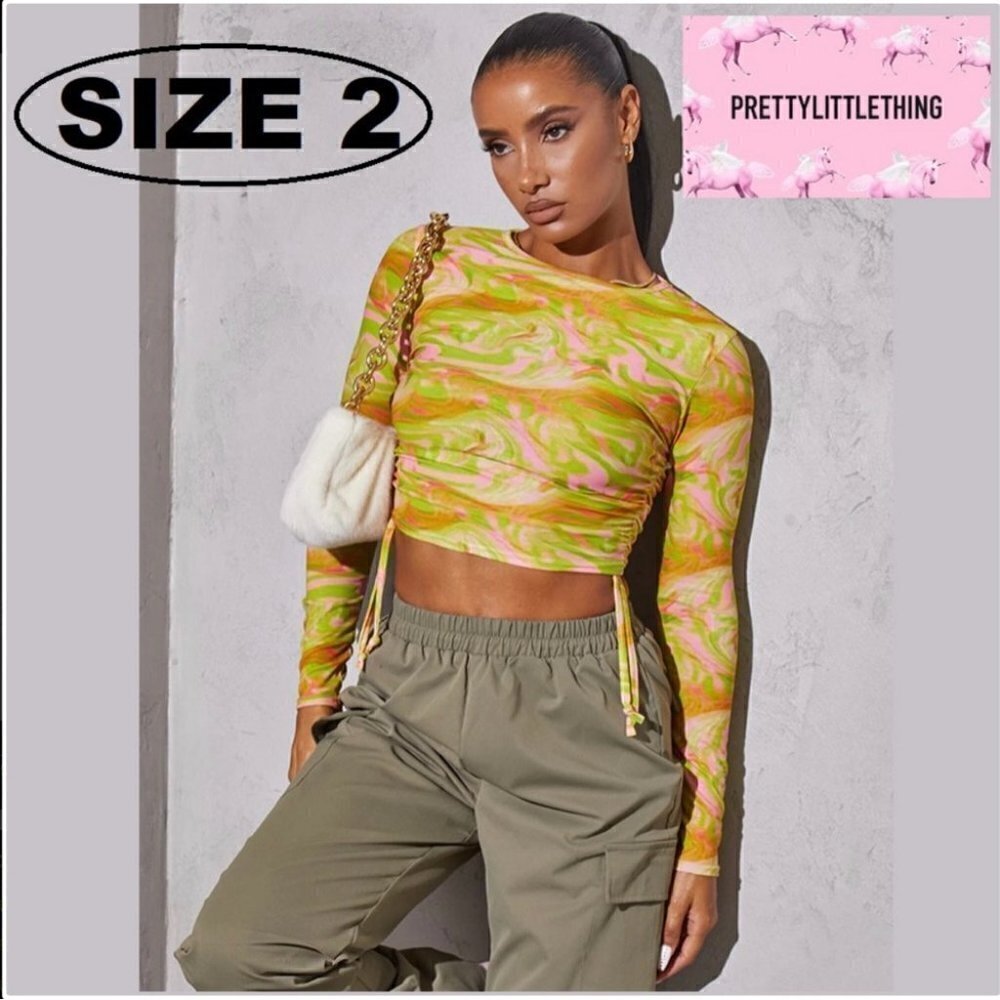 PrettyLittleThing, Green Swirl Jersey Tie Ruched Side Crop Top. Size: 2 (US) NWT